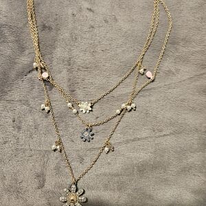 Betsey Johnson Gold Floral Necklace And Earrings with Pink and Blue Accents